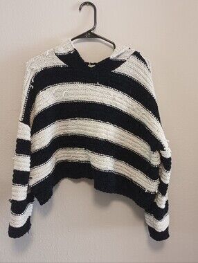 Cropped Blue And White Stripe Knit Sweater